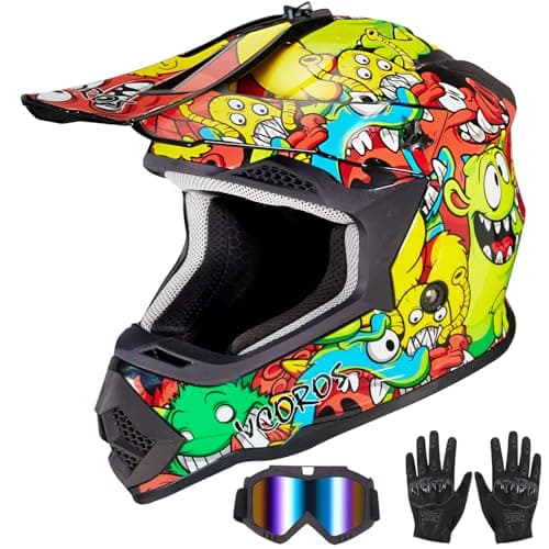 VCOROS Youth Kids Dirt Bike Helmets Motocross Street Offroad BMX MX ATV Dirtbike Motorcycle Helmet VS905 with Goggles Gloves DOT ApprovedColor Cartoon BeanL