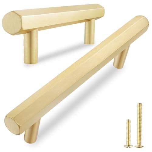 QOGRISUN 2-Pack Solid Brass Cabinet Pulls Hexagon Drawer Handles, 3-Inch Hole Center, Suitable for Kitchen Bathroom Dresser Cupboard Hardware, 4.9-Inch Total Length, Brushed Finish