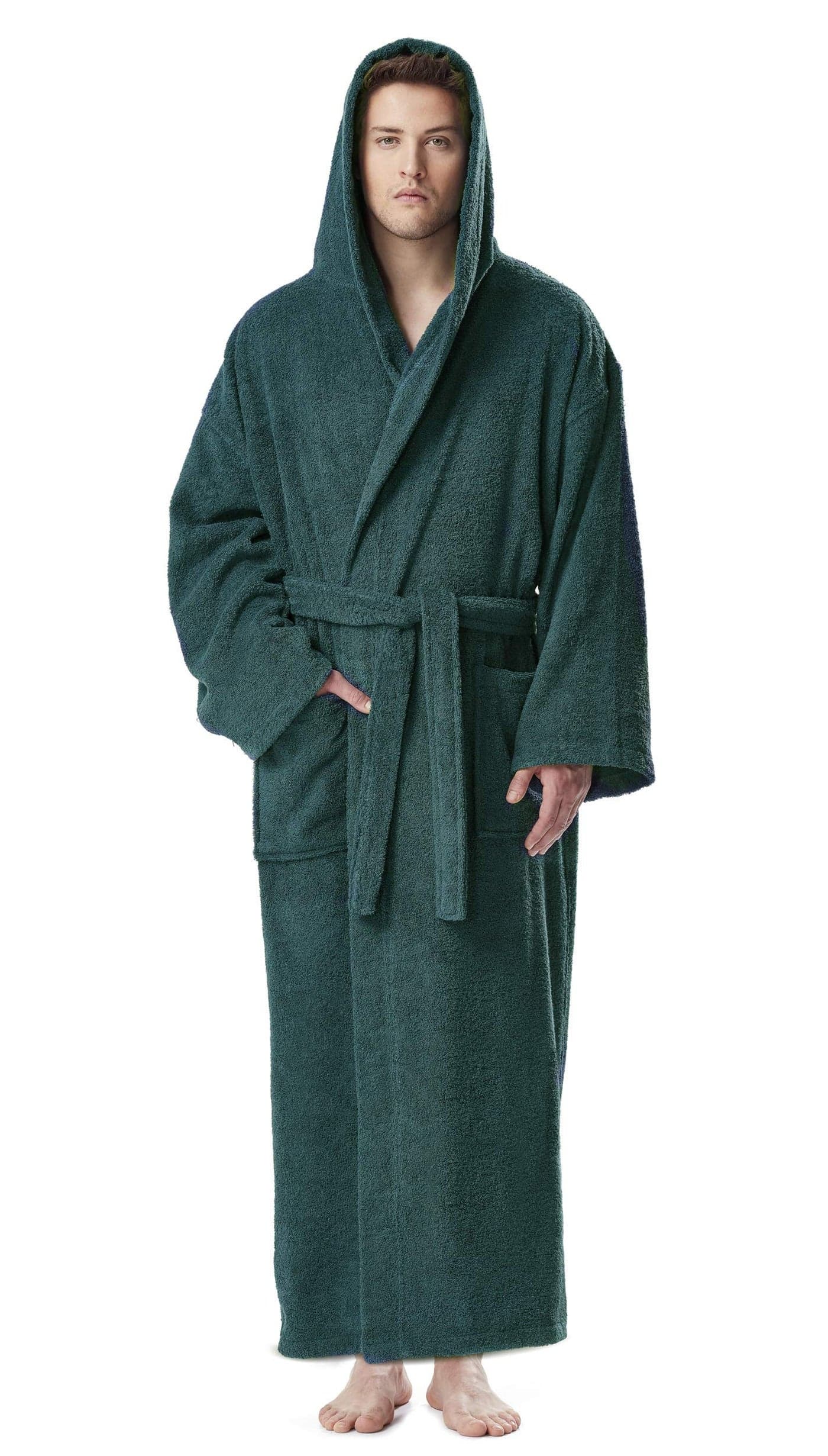 Arus Mens Hooded Classic Bathrobe Turkish Cotton Robe with Full Length Options Green XXLarge