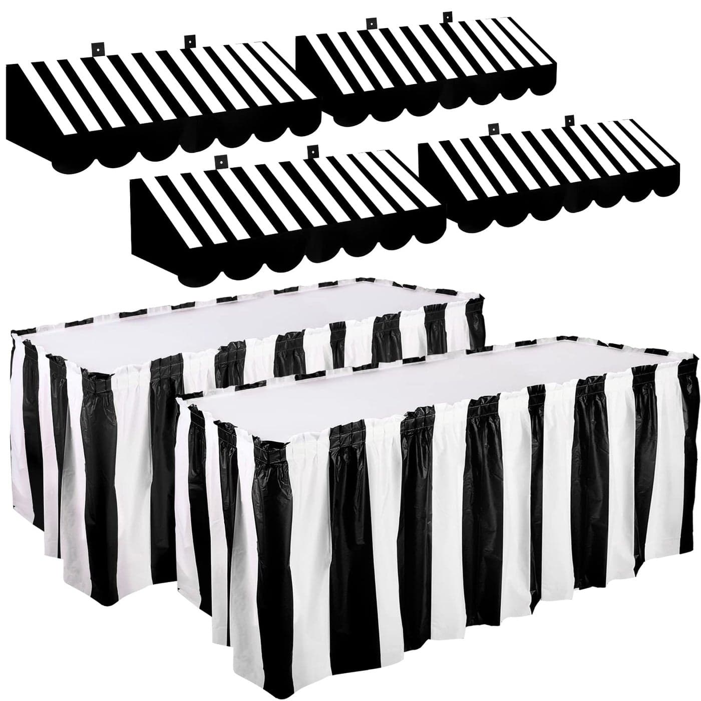 Tallew 6 Pcs 3D Circus Awning Wall Decorations and Stripe Table Skirts Cardboard Awning Tent Decors for Doors Window Classroom Concession Room Carnival Circus Party DecorationsBlack and White