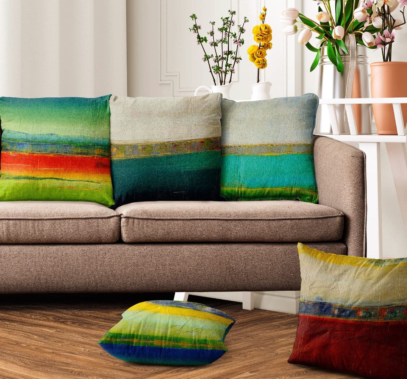 Ultimate Trends Premium Polyester Digital Modern Printed 200 TC Cushion Cover For Living Room Couch Bed Single Sofa Set Of 5 (18 X 18 Inches, Green Maroon)