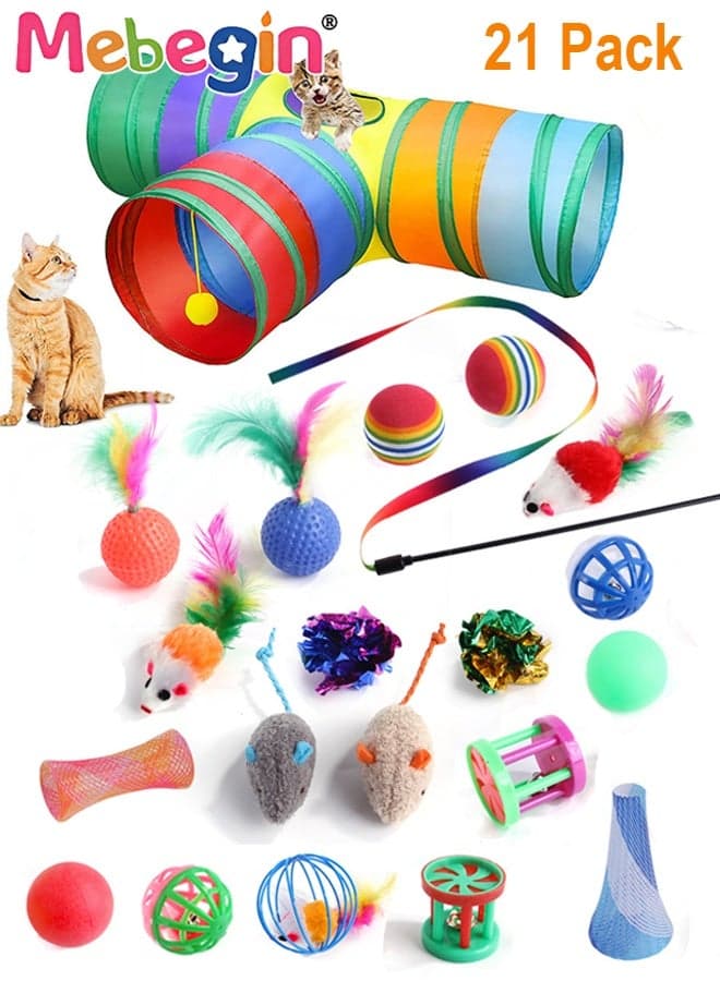 21PCS Cat Tunnel Set with Cat Teaser Stick, Cat Balls, Feather Toys and Other Cat toys, 3 Way Collapsible Cat Play Tunnel, Funny Interactive Cat Toys, Various Cat Enrichment Toys, Soft Safe Cat Toys(Random Color)