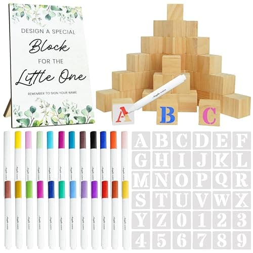 Geeday 111 Pcs Baby Shower Game Blocks to Decorate Includes 36 Stencils 50 Wooden Blocks 24 Acrylic Markers Plain Wooden Blocks Great for Baby Shower Activities for Guests