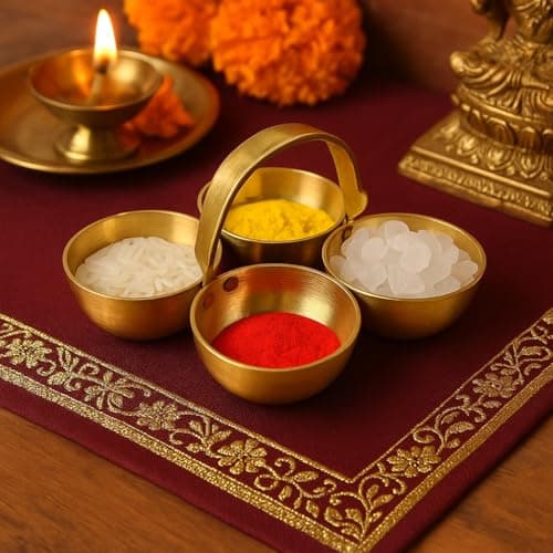 Pure Source India Pure Brass Small Pooja Roli, Chawal, Haldi, Kumkum Katori/Chawmukh with Handle for Home Mandir (8.5 X 8.5 CM) (Gold) (20 ml)
