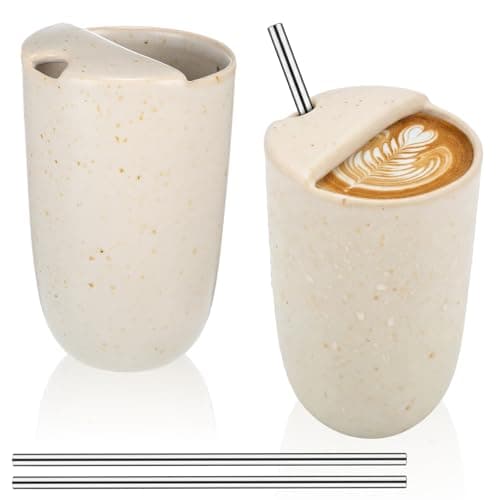 2 Pack Ceramic Coffee Mug with Sip Hole 9.5oz Retro Espresso Cup with Straws Travel Mug Hand-painted Porcelain Coffee Tea Cup Novelty for Kitchen Milk Juice Cappuccino Latte Speckle White