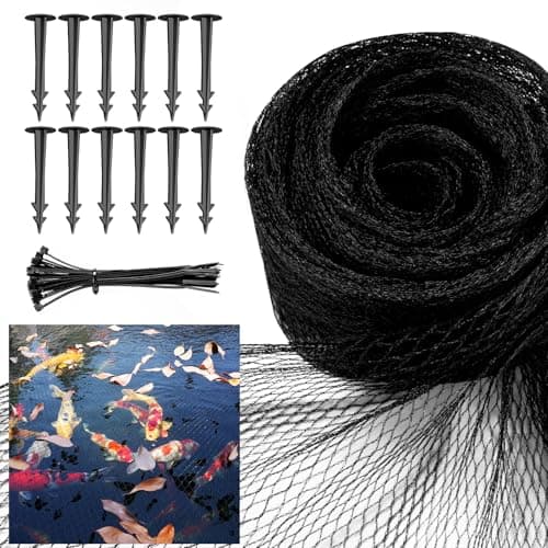 Pond Netting for Koi Ponds, 7 x 10ft Koi Pond Net Cover, Durable & Sturdy Pond Netting Cover for Leaves, Protect Koi Fish Against Herons, Raccoons, Cats & Predators, 12pcs Stakes Included