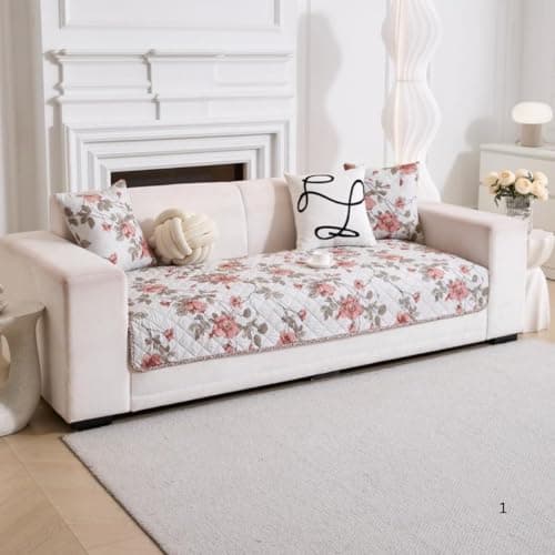 HOMETHREADS Premium Printed Cotton Sofa Cover Mat with PVC Backing for Non-Slip Comfort (White_Rose, 5 Seater | 230x75cm)