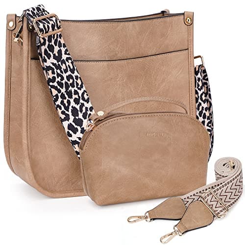 HKCLUF Crossbody Bag Purse for Women 2PCS Leather Hobo Handbag Purse and Wallet Set Crossbody Bucket Bag With 2PCS Adjustable Leopard Strap(Khaki)