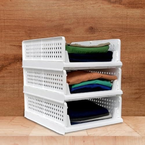 HomeStrap Set of 6, Stack it Up | Cloth Stacker | Foldable Shirt Storage Stacker for Wardrobe | Plastic Stackable Closet Organizer | White