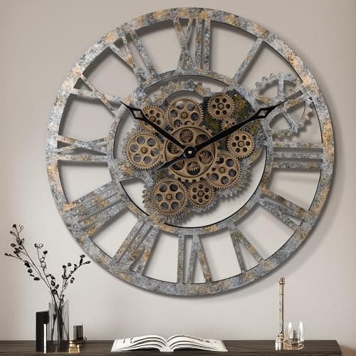 Lafocuse 23 Inch Real Moving Gear Wall Clock, Steampunk Wall Clock Gears Rustic, Farmhouse Wooden Large Wall Clocks for Living Room Decor Kitchen