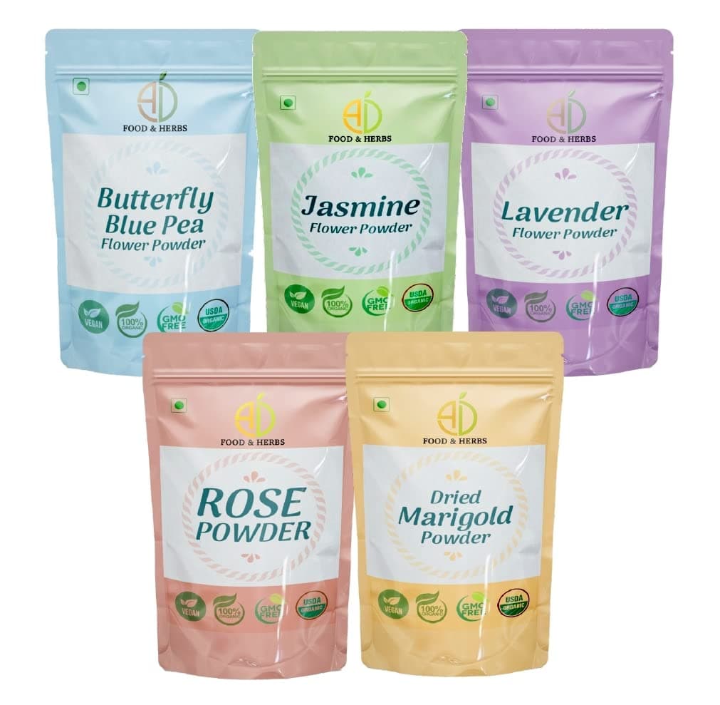 A D Food Herbs Combo of JasmineLavenderButterflr PeaMarigoldRose Flower Powder Aromatic Edible for Homemade LattesTea BlendsBath SaltsFace Body packs 250 GMS x Pack of 5