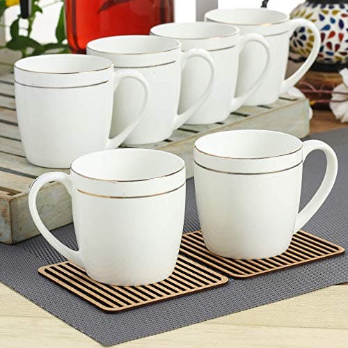 Clay Craft Elegant Gold Line Coffee/Tea Cups Set of 6 Perfect for Daily use 180 ml, White, Standard (Alton-Set of 6)