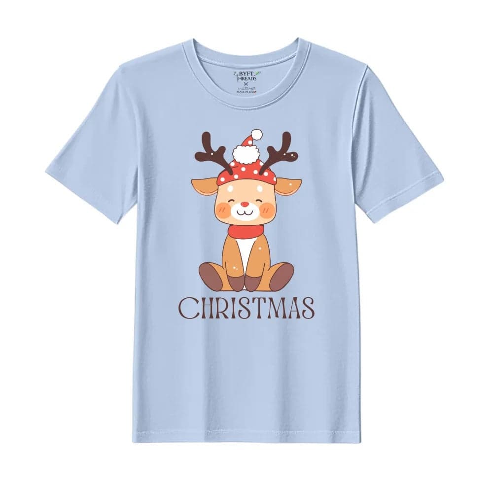 BYFT Threads Large Sky Blue Polycotton T-Shirt - Christmas "Christmas Deer" Printed Design, Premium Holiday Collection