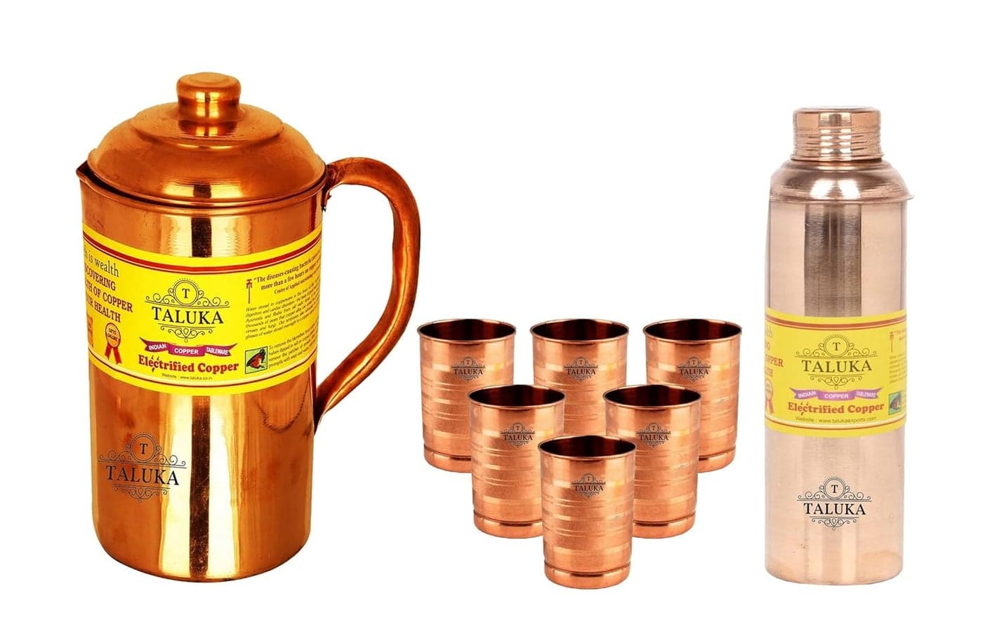 Taluka Plain Copper Jug Pitcher 1500 ml with 6 Copper Glass Cup 6 Bisleri Design Water Bottle Storage Drinking Home Hotel Restaurant Tableware