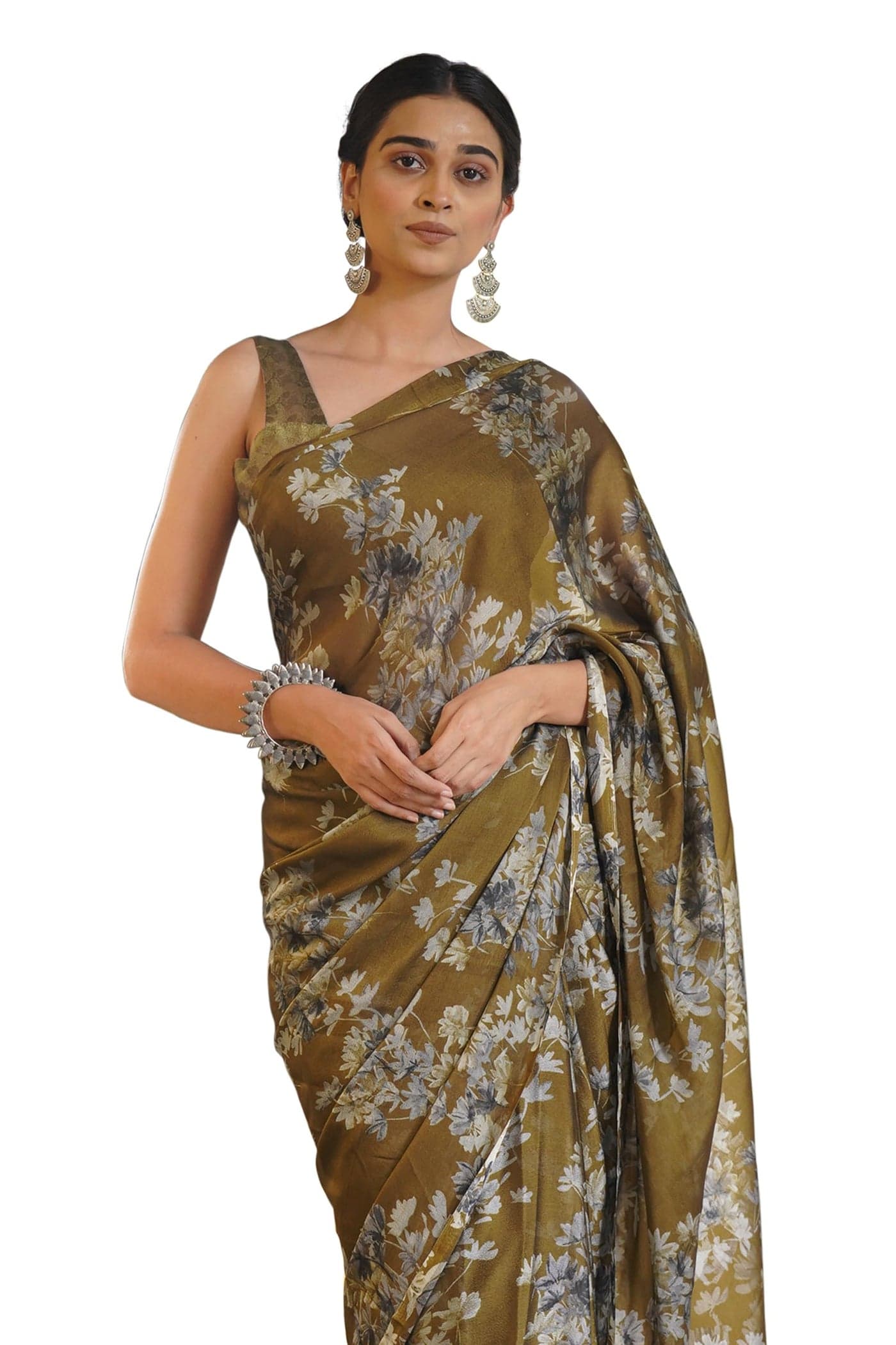 MIRCHI FASHION Chiffon Georgette Floral Printed Sarees for Women with Blouse Piece (42496-Mehandi, Off White, Grey)