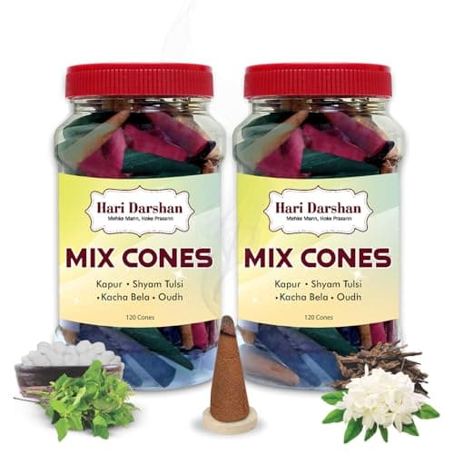 Hari Darshan Mix Dhoop Cones for Pooja with Traditional Chemical-Free – Kapur Shyam Tulsi Kacha Bela Oudh – Long Lasting Natural Aroma Dhoop Cone Set – Pack of 2 Jars, 120 Cones Each (Total 240 Cones)