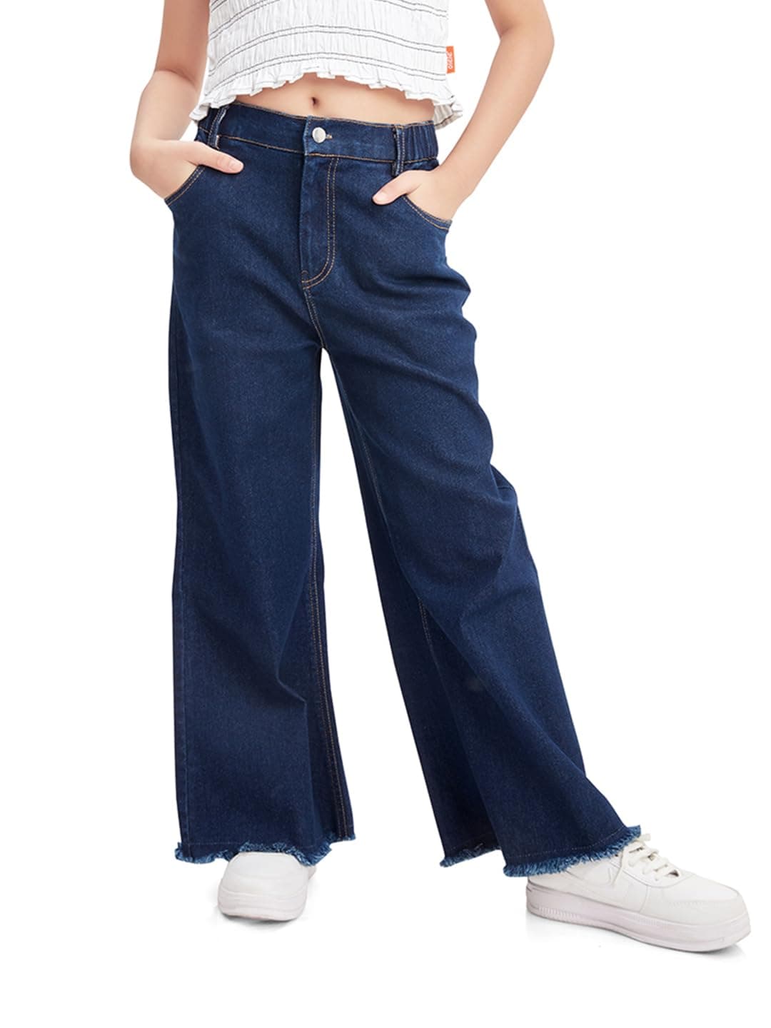 olele® Girls Wide Leg Baggy Jeans - Cotton Denim | Regular Fit Stretchable Denim Jeans Elasticated Waist Pant for 4 to 14 Years Kids | Raw Edge Bottom Hem | Raw Denim Blue