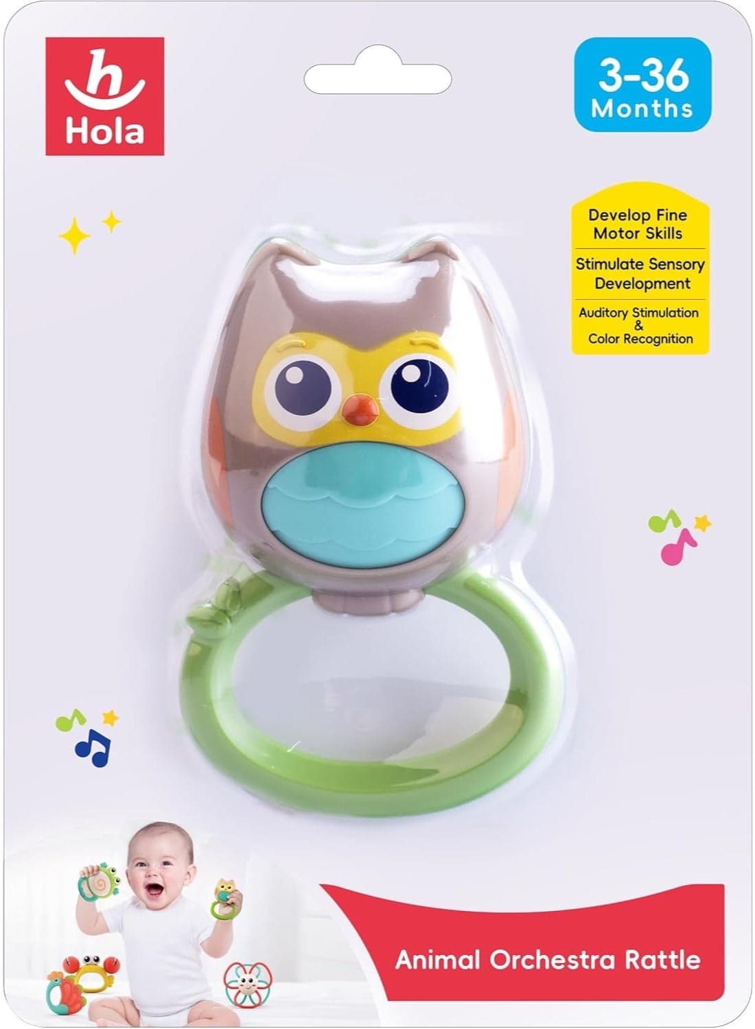 Hola Owl Orchestra Rattle Baby Activity Toy, Easy to Grasp, Fine Motor Skills, Bright Colors, Sensory Toys, Baby Toys, Baby Rattle, Animal Rattle 3M+