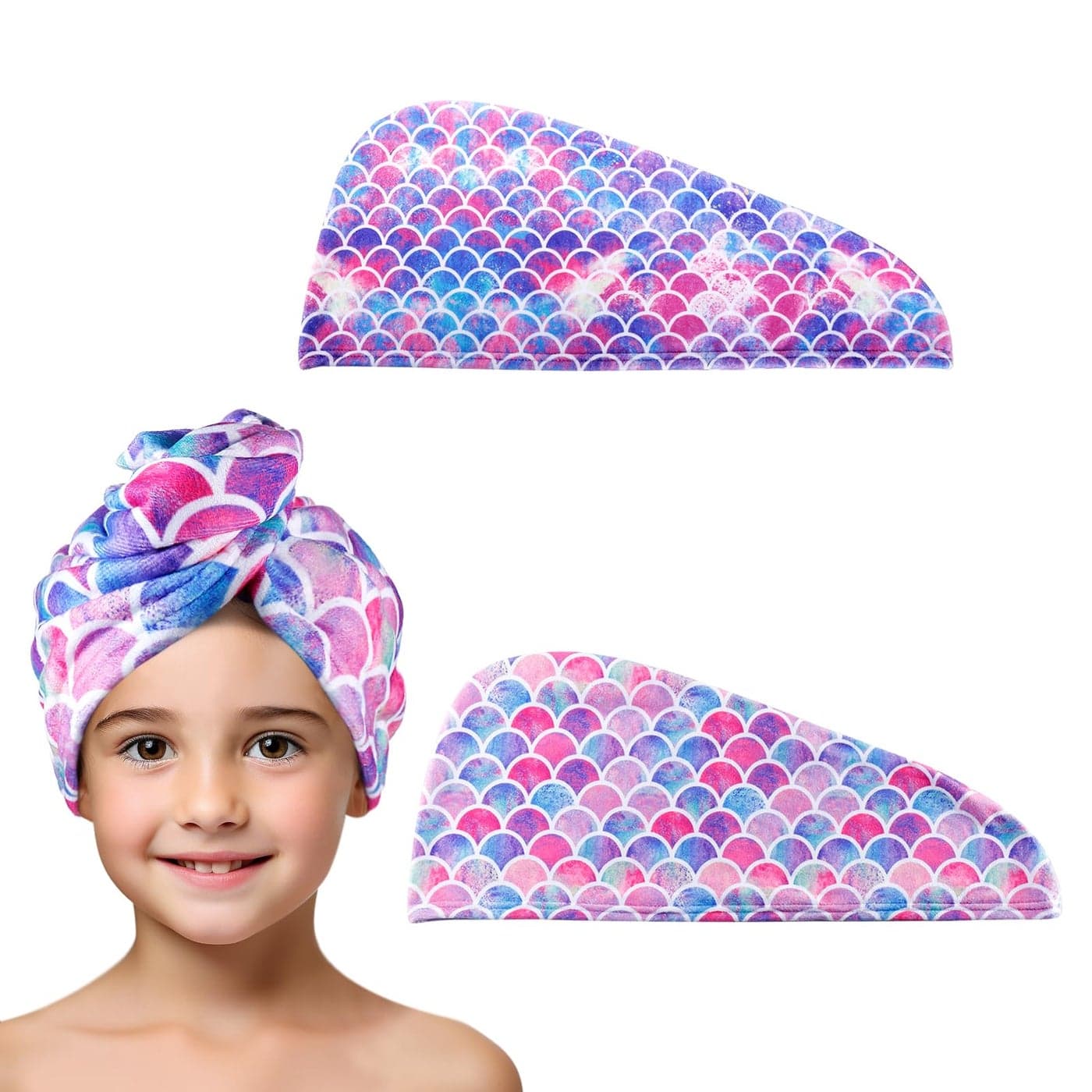 MADHOLLY Microfiber Hair Towel for Kids Gift Soft Super Absorbent Rapid Drying Hair Towel Wrap Turban for Girls Women with Button AntiFrizz for Thicker Curly Long Hair 2Pack