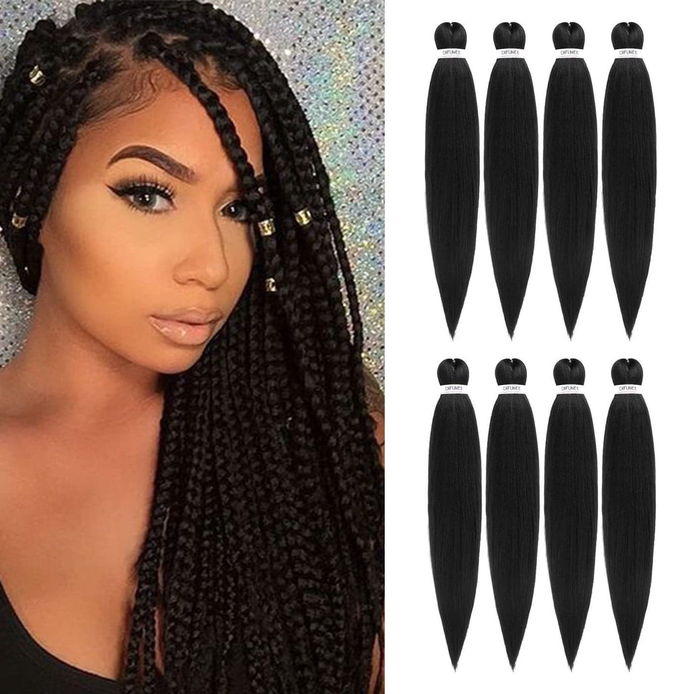 DIFUNEE Prestretched Braiding Hair 18 Inch 8 Packs Natural Black Long Braiding Hair For Twist or Box Braids Yaki Texture Hot Water Setting Synthetic Braiding Hair Extensions 18 Inch 1B8P