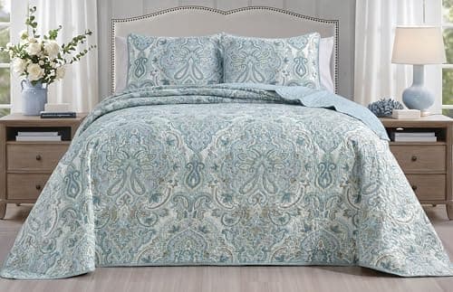 Grand Linen 3Piece Oversized Lightweight Quilt Set in King 115 x 95 Soft Microfiber Bedspread with 2 Shams Pale Blue Muted Aqua Grey Colors Paisley Design Reversible Coverlet