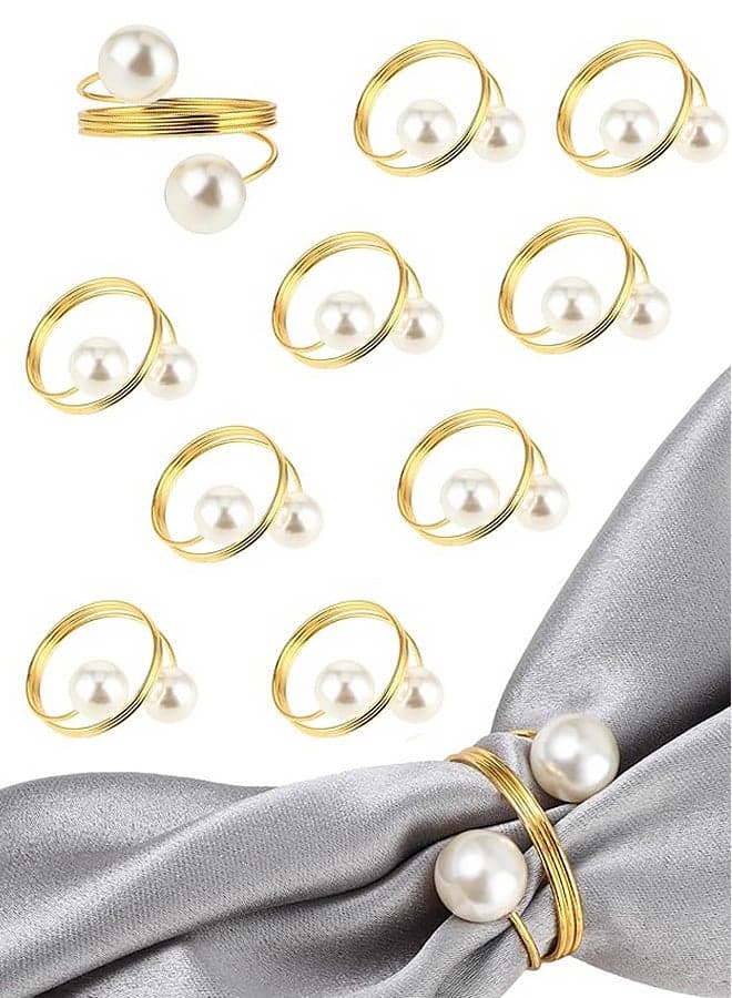 8PCS Gold Napkin Rings Set, Table Napkin Rings Double Pearl Napkin Ring Holder Metal Spiral Napkin Rings for Dinner Holidays Wedding Table Party Birthday Dining Decorations
