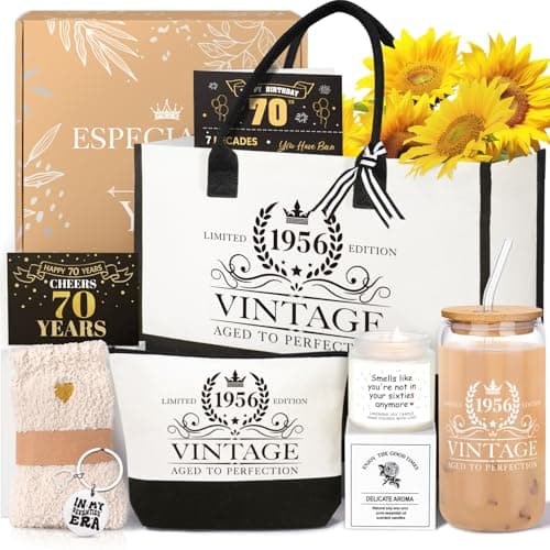 iAOVUEBY 70th Birthday Gifts for Women Cool Gifts for 70 Year Old Woman Seventy Birthday Canvas Tote Bag Tumbler Candle Gift Basket Ideas Daughter Mom Sister Friend Wife Coworkers