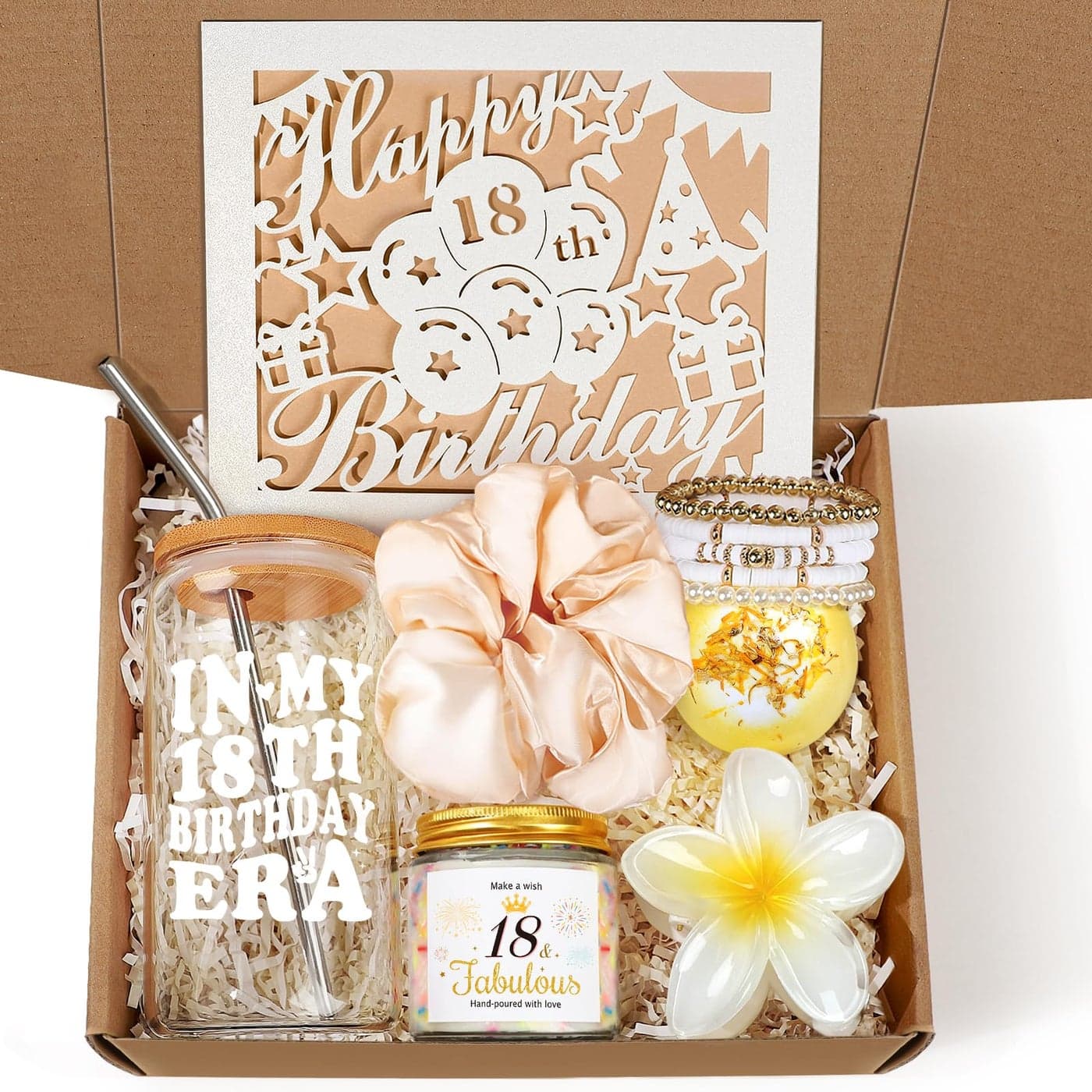 iAOVUEBY 18th Birthday Gifts for Girls Gifts for 18 Year Old Girl 7PCS Gift Baskets Happy Birthday Box for 18th Girl Women Sister Daughter Niece Granddaughter Friends With 16oz Glass Cup