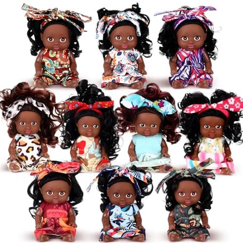 Hanaive 10 Pcs 4 Inch Mini Baby Dolls Lifelike Realistic Tiny Baby Dolls with Animal Clothes Cute Infant Figurine Gifts Set for Toddlers Girls Kids 3 Easter Graduation BirthdayDark Skin Style