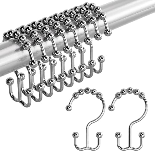 Amazer Shower Curtain Rings RustResistant Metal Double Shower Hooks for Curtain Rolling Shower Curtain Hooks Rings Shower Rings for Bathroom Shower Curtain Rod Chrome Set of 12 Rings