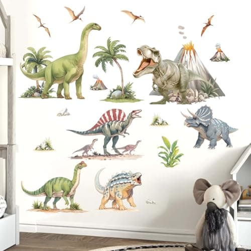 Amimagen Large Dinosaur Wall Stickers Tropical Palm Tree Leaf Dino Wall Decals Nursery Kids Baby Boys Room Daycare Playroom Classroom Wall Decor