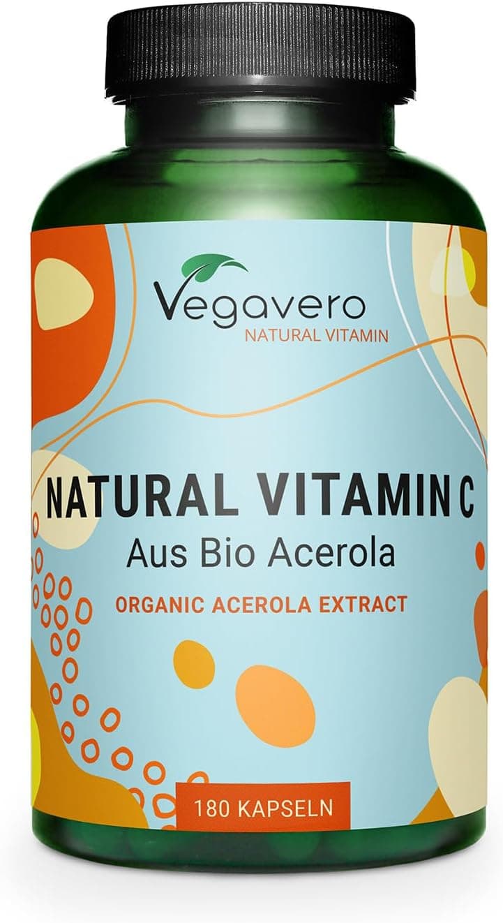 Vegavero Natural Vitamin C Supplement Organic VIT C from Acerola Cherry Extract 225 NRV NO Additives 180 Capsules Vegan