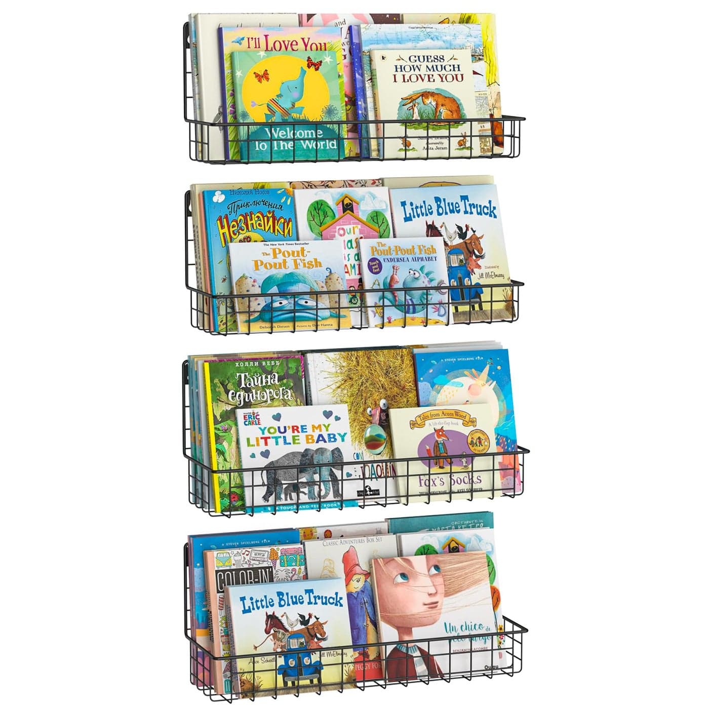 Wall Mounted Metal Kids Bookshelf Floating Book Shelves for Kids Nursery Toddler Classroom Hanging Book Shelf Organizer for Room Decor Black Set of 4