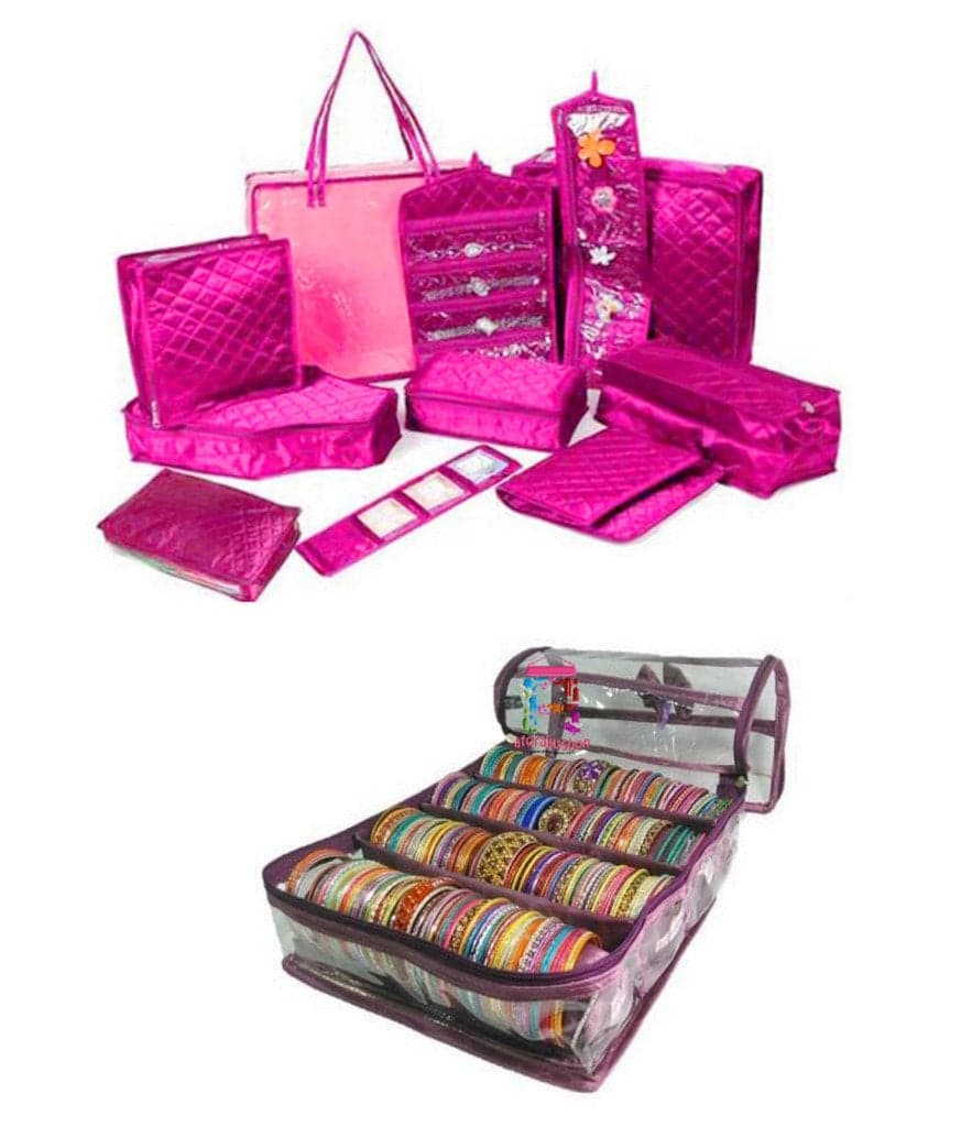 atorakushon Satin Purple 11 Piece Make-Up Pouch Wedding Wardrobe Organizers Full Dulhan Set Garments Cover Bridal Set for Women and Girls