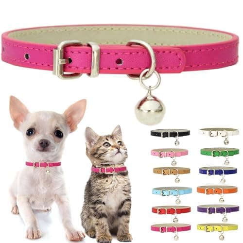 Hot Pink XXS Dog Collar with Bell, Soft Pu Leather Cat Collars Adjustable Buckle for XS Extra Small Medium Tiny Female Girls Pets Puppy Kitten Teacup Yorkie XX-Small
