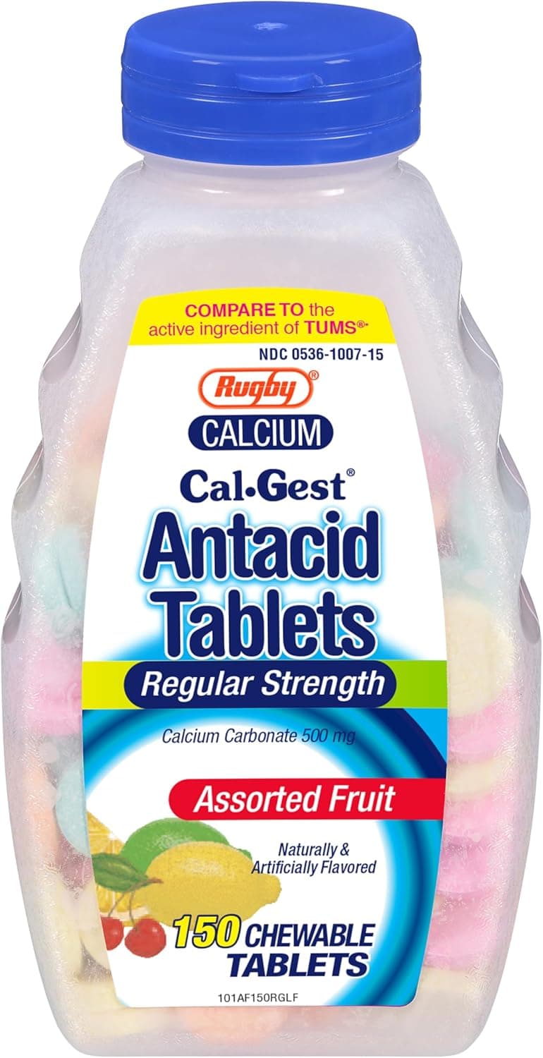 Rugby Calcium CalGest Antacid Tablets Regular Strength Calcium Carbonate 500 mg Assorted Fruit Flavor 150 Chewable Count 1 Pack