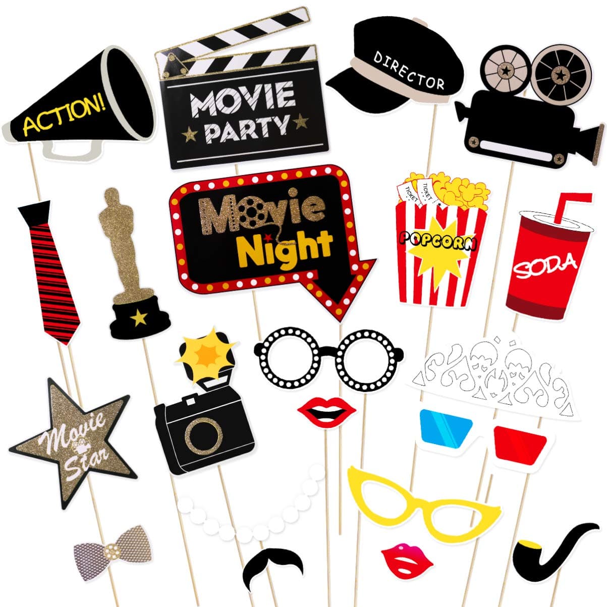 21Pcs Photo Booth Props for Movie Night Themed Party Supplies Photobooth Kit for Birthday Wedding Graduation Bachelorette Party Decorations