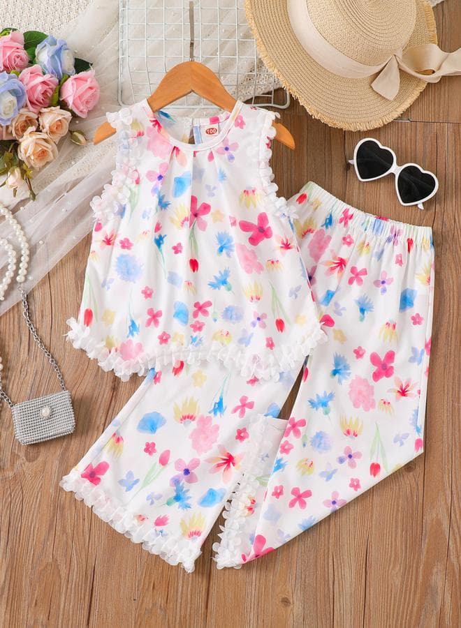 Girls Floral Print Ruffle Trim Top And Pants Set
