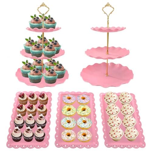 NAXIHOPT 5 Pcs Dessert Table Display Set Pink Plastic 2 Pcs Round 3 Tier Cupcake Stand Cup Cake Tower Stand with Metal Rod 3 Pcs Serving Tray for Baby Shower Tea Party Wedding Birthday Party