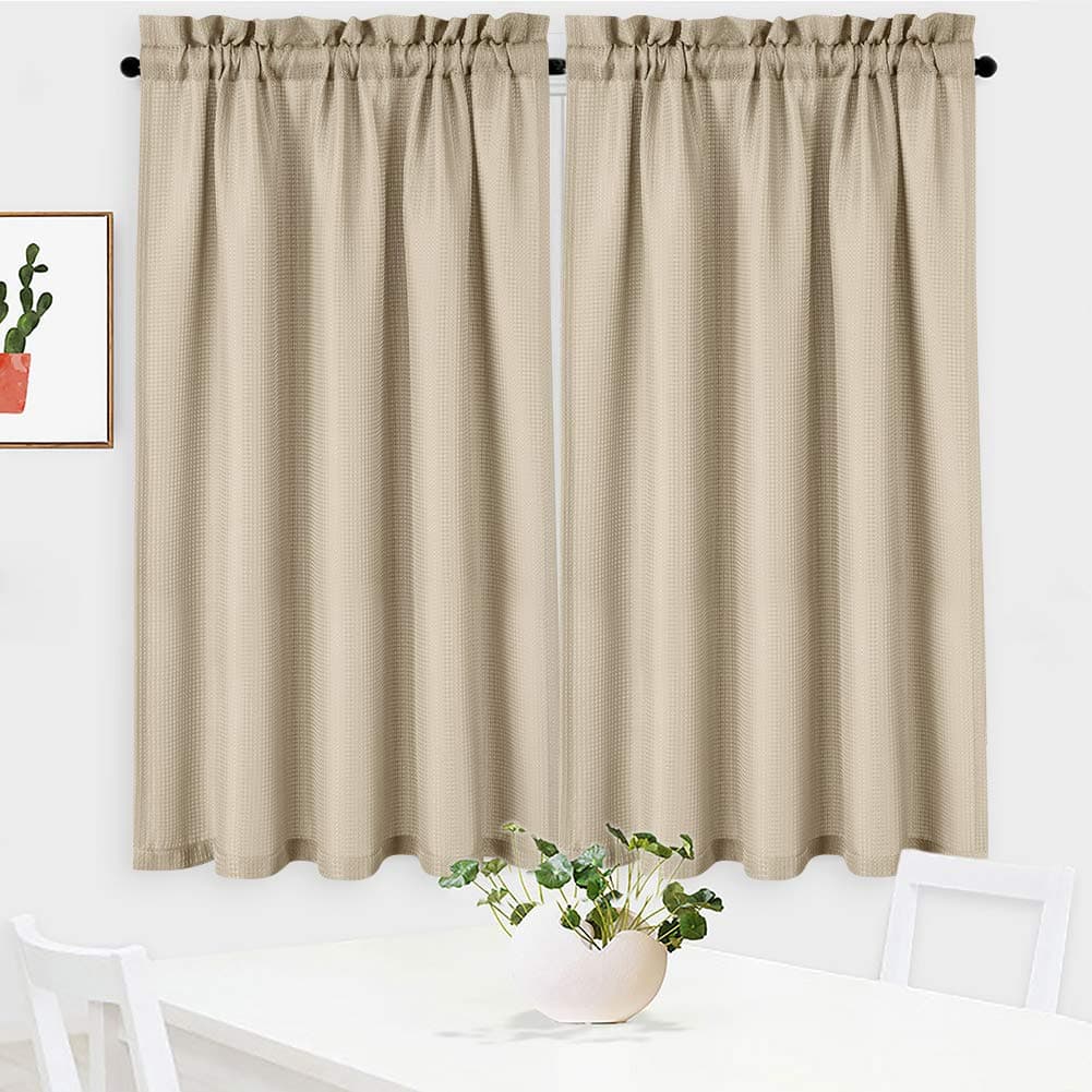 NANAN Waffle Woven Textured Short Curtains for Kitchen Waterproof Window Covering for Bathroom 30 x 45 Plaza Taupe Set of 2