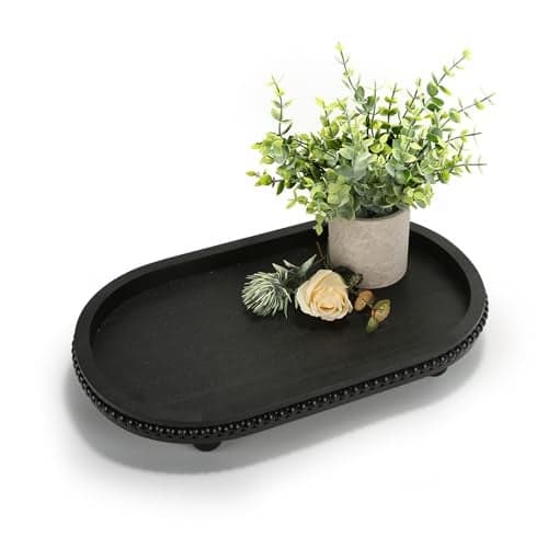 SYNCVIBE Wooden Decorative Tray for Home Decor Beaded Black Oval Tray Decor for Coffee Table Rustic Wood Serving Trays Farmhouse Centerpieces for Living Room Kitchen Counter Black Oval