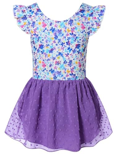 Funnycokid Ballet Leotard for Girls Dance Leotards with Skirt Toddler 5T Ruffle Sleeve Ballerina Outfit Size 5