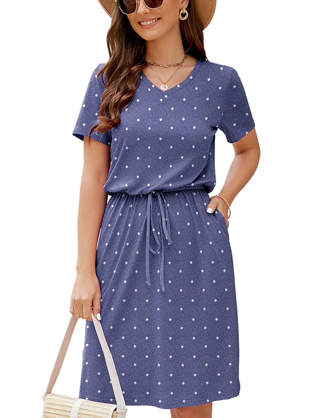 HUSKARY 2025 Women's Summer Casual Midi Dresses Short Sleeve V Neck Adjustable Waistline Drawstring Knee Length T Shirt Dress with Splits and Pockets