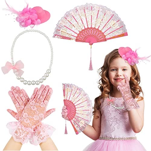 Sintege 4 Pcs Girls Tea Party Set Girls Tea Party Accessories Gloves Hats Necklace Fans for Toddler(Pink)