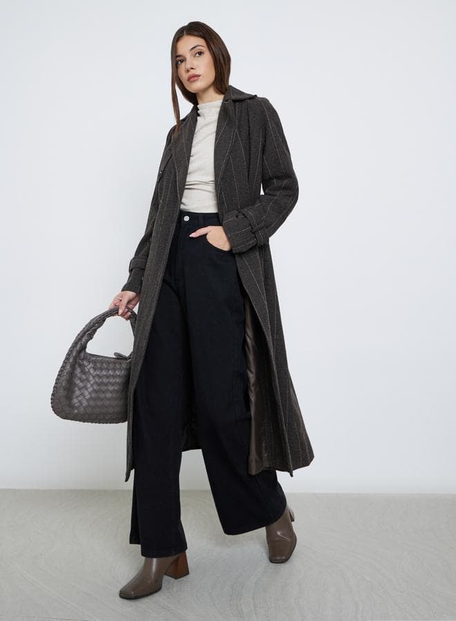 Styli Pinstripe Regular Fit Buttoned Midi Coat