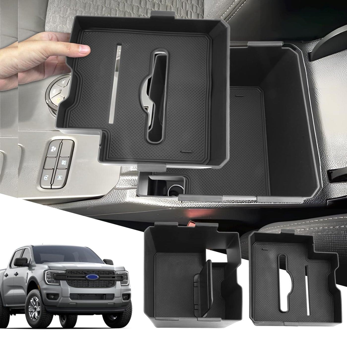 SXCY 2PCS for 2025 Ford Ranger Center Console Organizer 2024 2025 Ranger Accessories for 2024 2025 Ranger Armrest Console TrayUpdated Double Layers with Tissue Storage Funtion