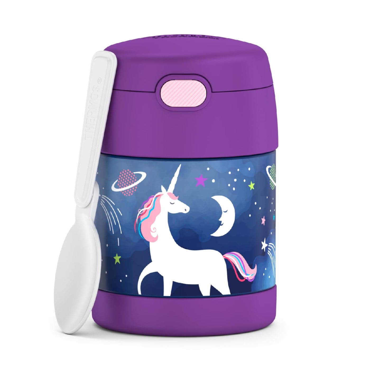 THERMOS FUNTAINER Insulated Food Jar 10 Ounce Kid Friendly Food Jar with Foldable Spoon Space Unicorn