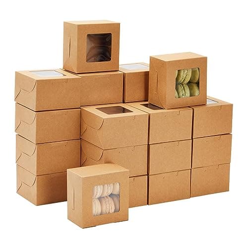 Juvale Cookie Boxes with Window - 50 Pack, 4 x 4 x 2.5 in Brown Cardboard - Pastry Containers & Cupcake Box for Baked Goods Packaging - Mini Treat Holders