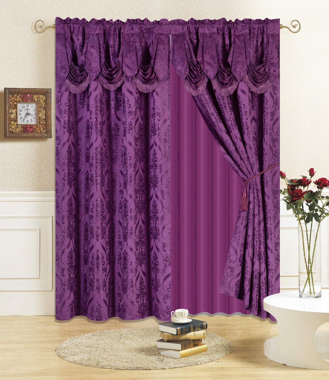 All American Collection New 4 Piece Drape Set with Attached Valance and Sheer with 2 Tie Backs Included 84 Length Purple