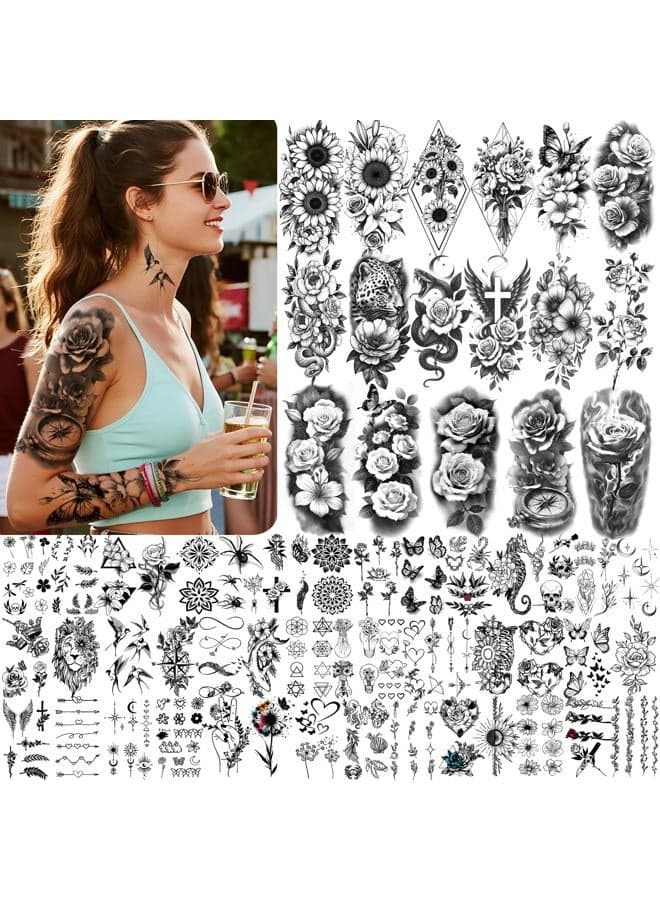 Flowers Temporary Tattoos Adult,92 Sheets Body Art Fake Tattoos Stickers,Rose Tattoos Temporary Realistic for Women Waterproof Long-Lasting